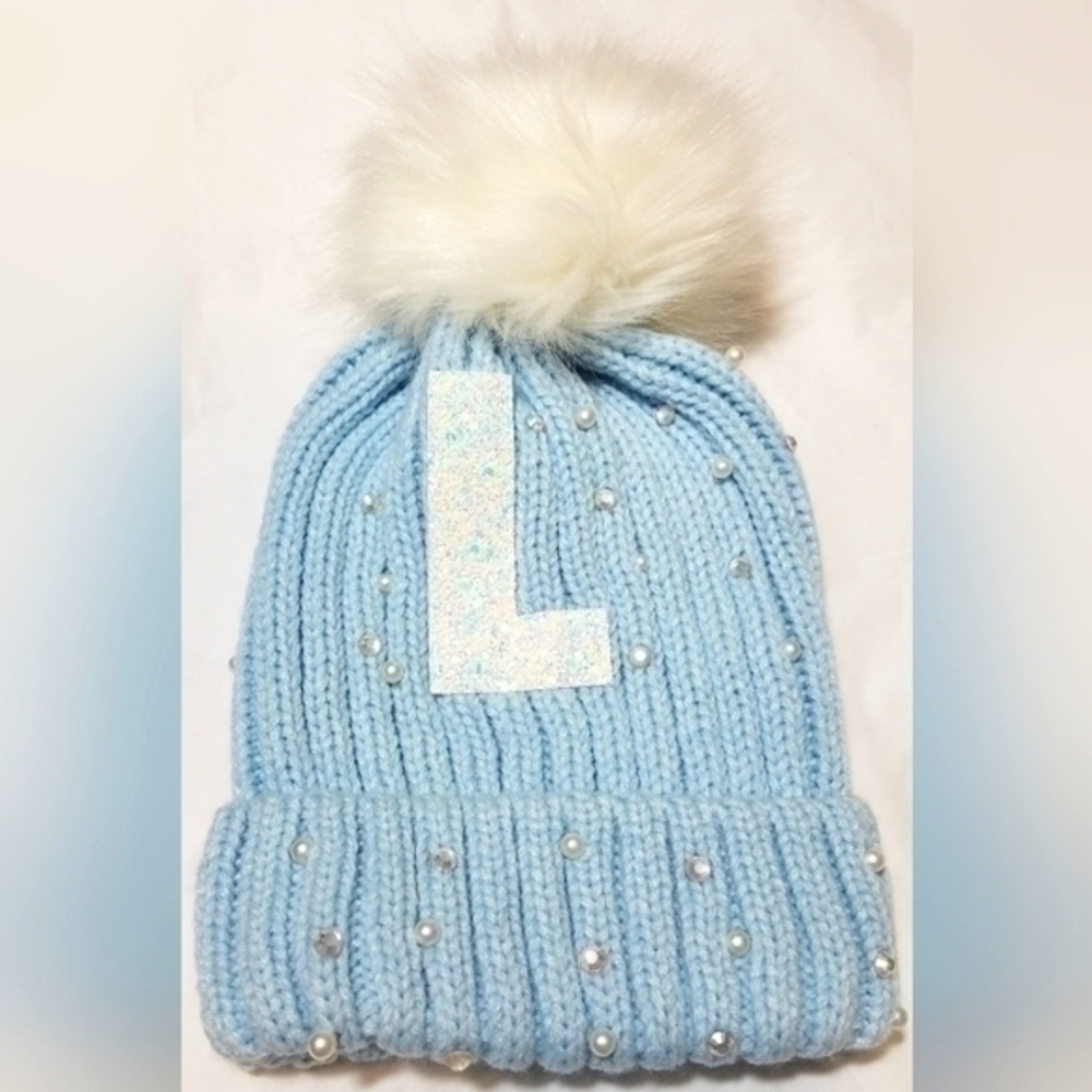 Justice Pearly Studded "L" Pom-Pom Hat
